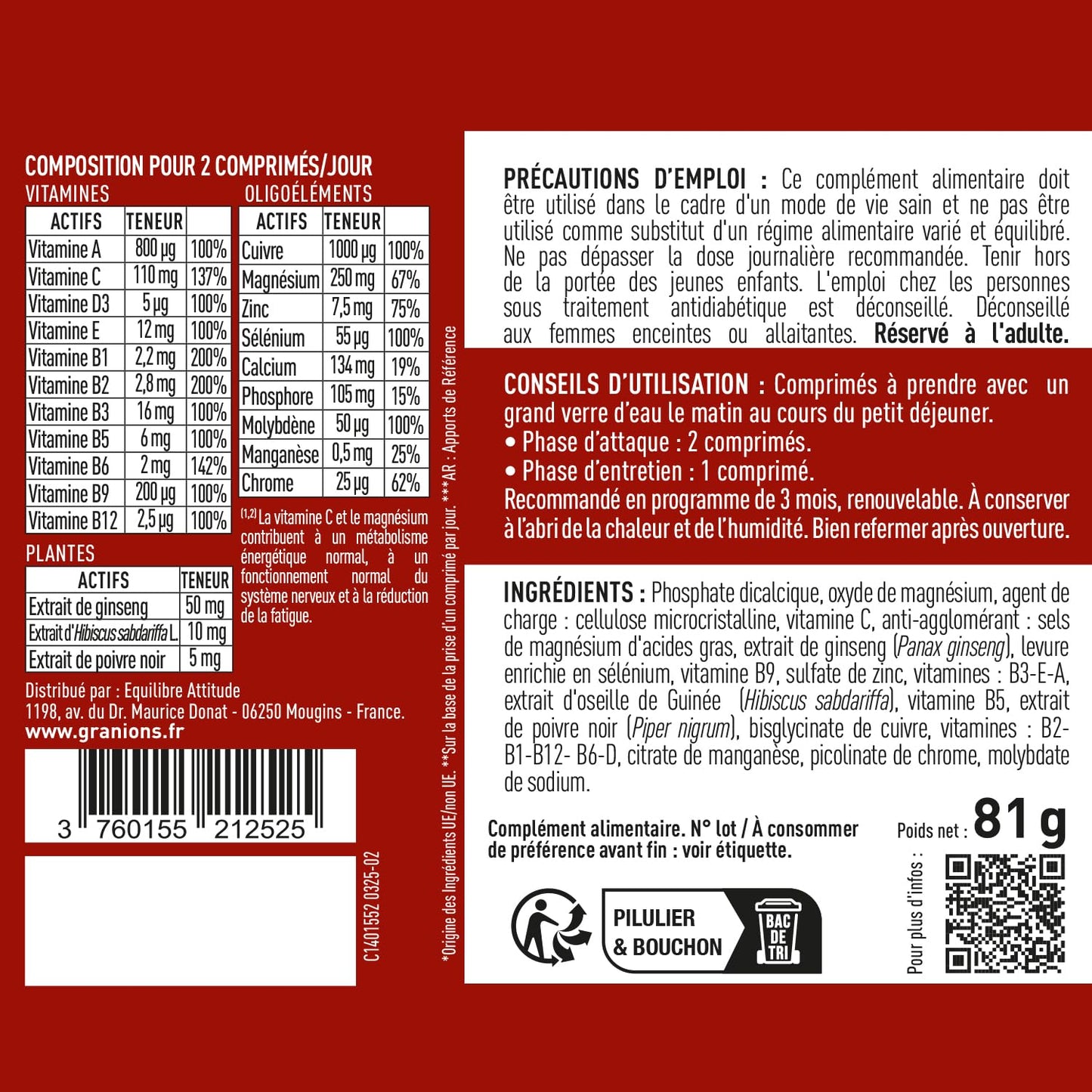 Vitamine C 1000 mg GRANIONS - Energie Immunité - 180 Comprimés Vegan Adulte