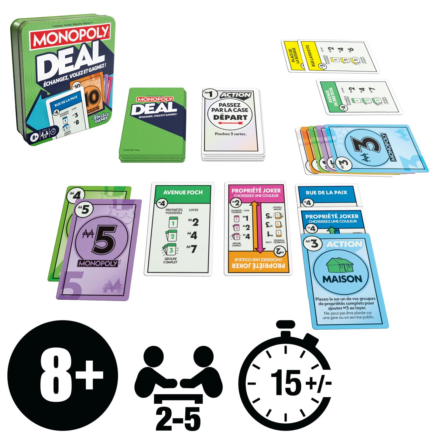 Monopoly Deal, Jeu de Cartes Rapide Inspiré du Jeu de Société Classique, Idée Cadeau d'anniversaire pour Garçons et Filles, Enfants et Familles, Dès 8 Ans