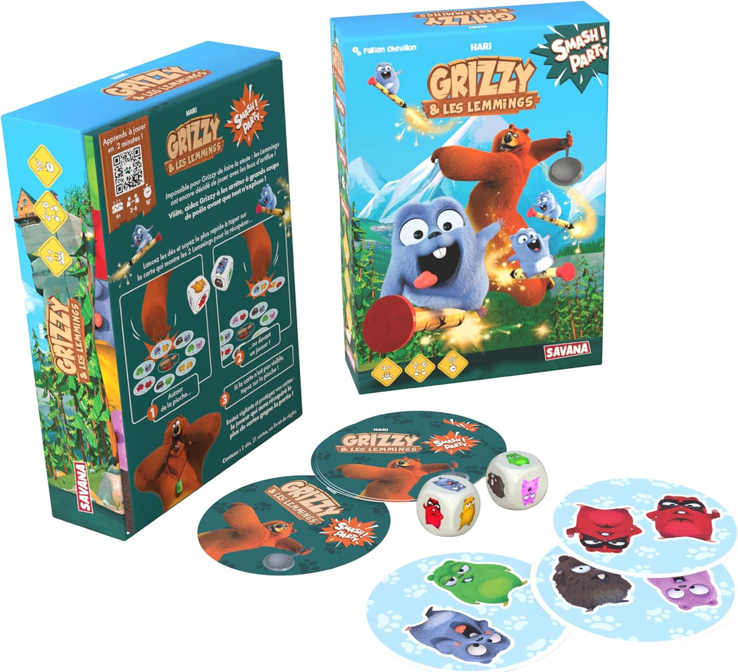 SAVANA - Smash Party | Grizzy et Les Lemmings, Jeu de société coopératif Familial pour Enfants de 4 Ans et Plus | Course, dés et Collection, 2-6 Joueurs, 15 Min, inspiré de la série animée.