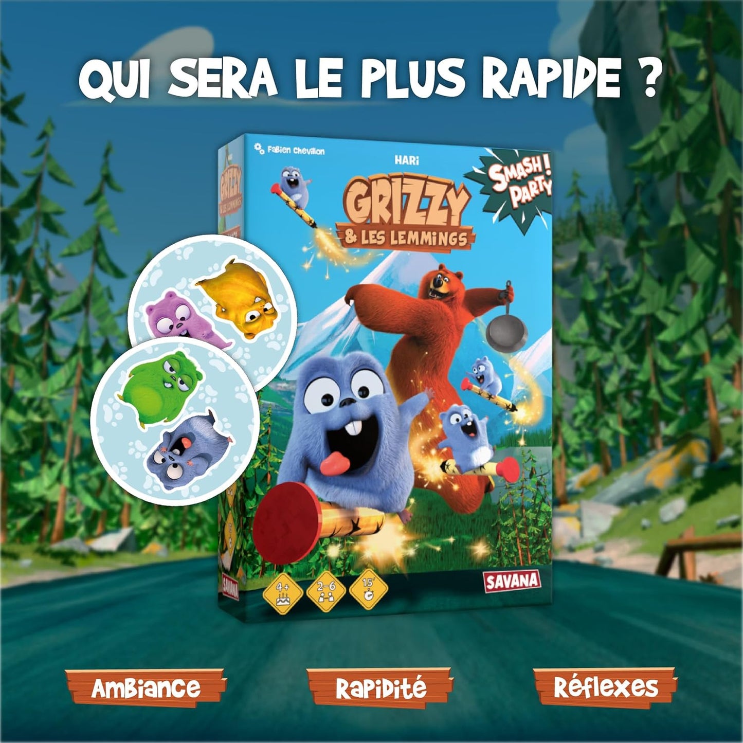SAVANA - Smash Party | Grizzy et Les Lemmings, Jeu de société coopératif Familial pour Enfants de 4 Ans et Plus | Course, dés et Collection, 2-6 Joueurs, 15 Min, inspiré de la série animée.