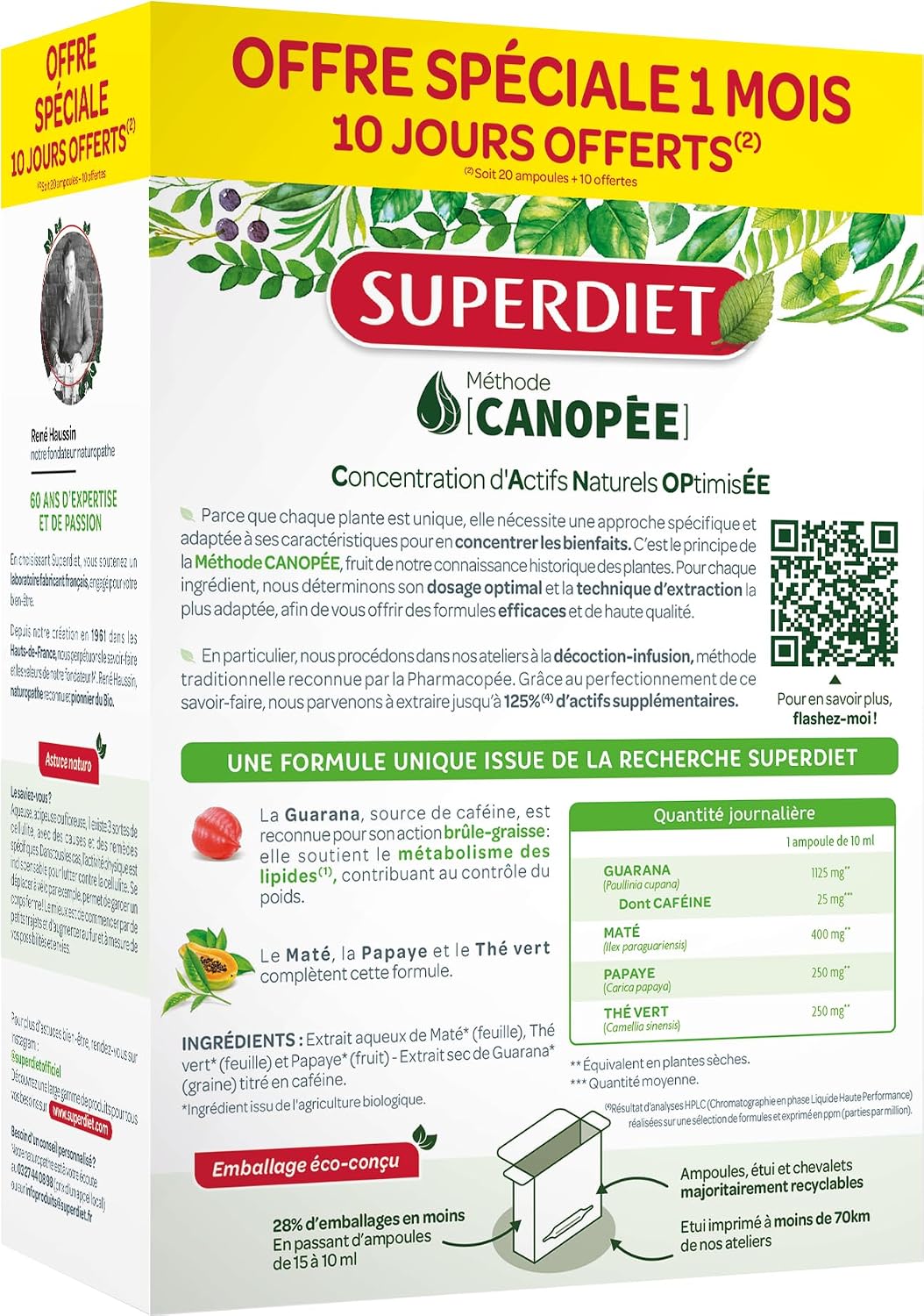 SUPERDIET-QUATUOR BRÛLE-GRAISSE BIO-Minceur-Thé vert, Papaye, Son d'avoine, Guarana-Fabrication française-FORMAT PROMO-30 ampoules de 10ml
