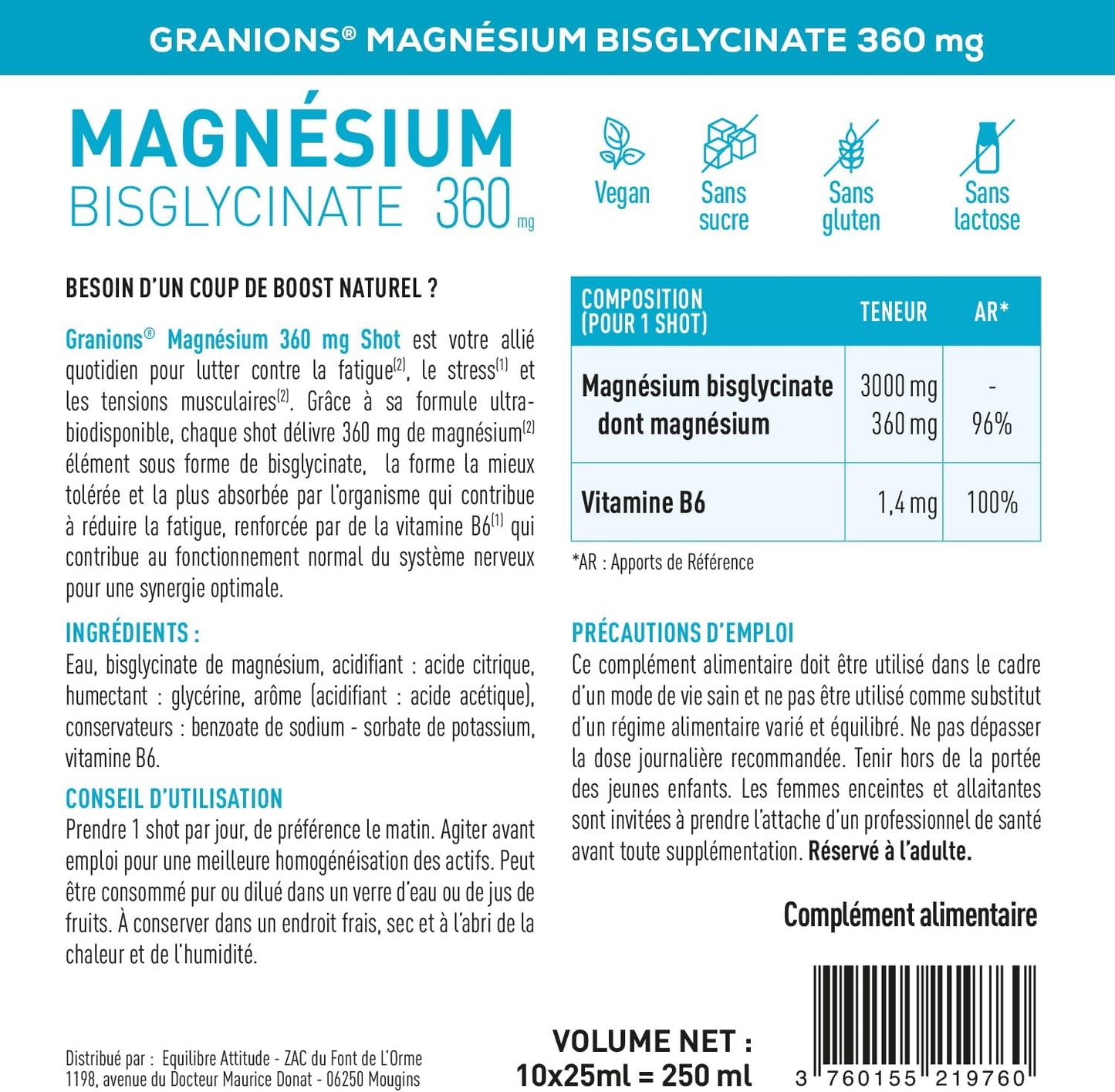 GRANIONS Magnesium Bisglycinate 360 MG - Magnesium Bisglycinate Haute Assimilation + Vitamine B6 - Anti Stress Adulte, Anti Fatigue Puissant - Sans Sucre & Vegan - 10 Shots - Goût Framboise