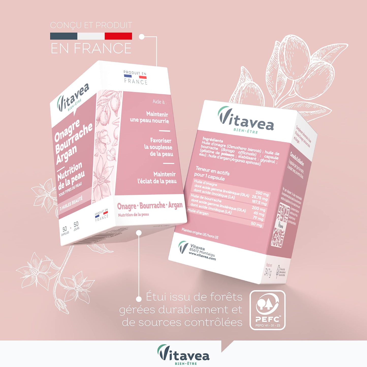 Vitavea Bien-être - Onagre Bourrache - 2 Huiles, Beauté Peau - Cure 2 mois