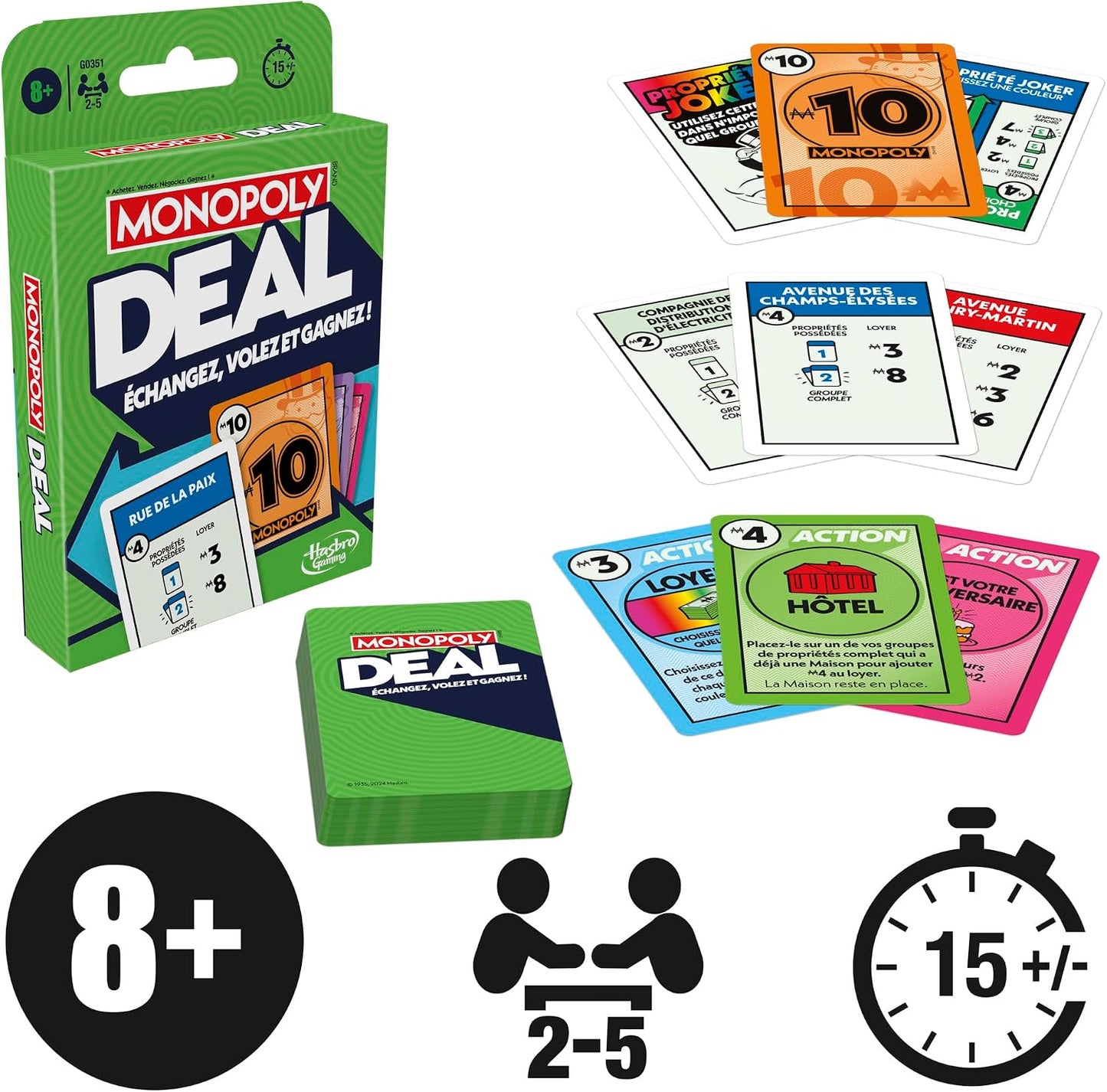 Monopoly Deal, Jeu de Cartes Rapide Inspiré du Jeu de Société Classique, Idée Cadeau d'anniversaire pour Garçons et Filles, Enfants et Familles, Dès 8 Ans
