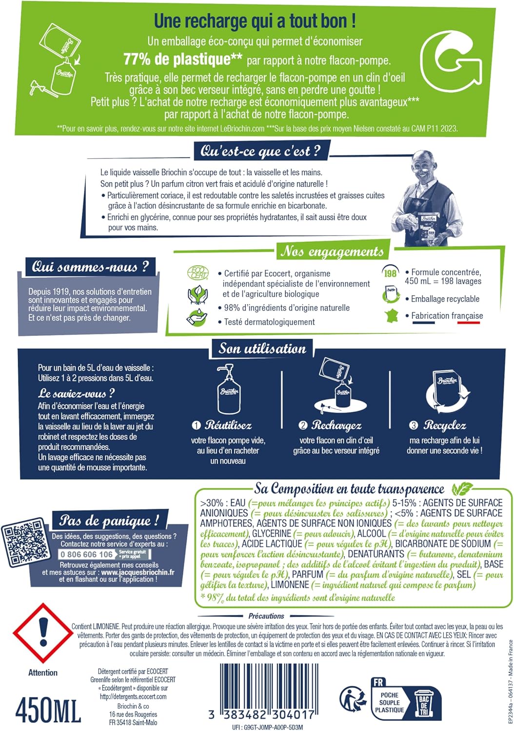 JACQUES BRIOCHIN - Recharge Liquide Vaisselle et Mains - Formule au Bicarbonate de Soude - 99,9% d'Ingrédients d'Origine Naturelle - -Testé dermatologiquement - Fabrication Française - 450ml