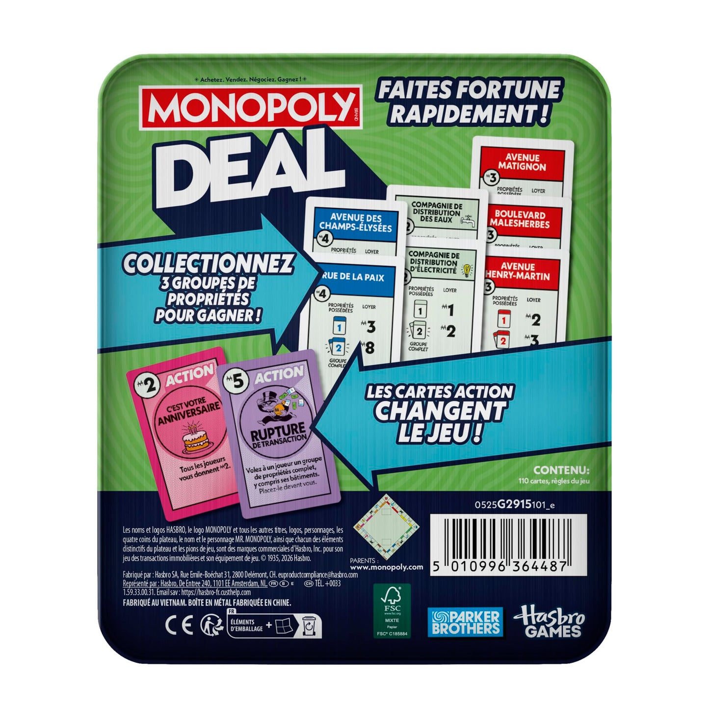 Monopoly Deal, Jeu de Cartes Rapide Inspiré du Jeu de Société Classique, Idée Cadeau d'anniversaire pour Garçons et Filles, Enfants et Familles, Dès 8 Ans