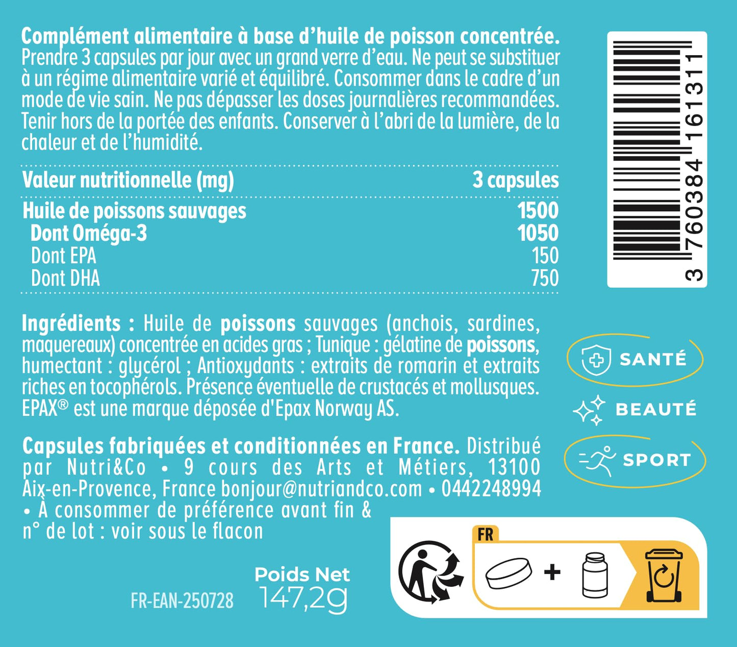 NUTRI&CO Omega 3 Huile de Poisson EPAX® EPA DHA | Cerveau Vision | 120 Caps