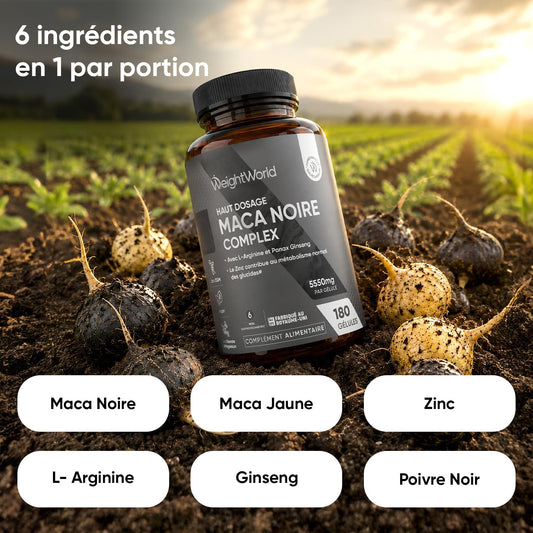Maca Noire avec Ginseng, 180 Gélules Multi-Usages (6 mois), Complex 6-en-1