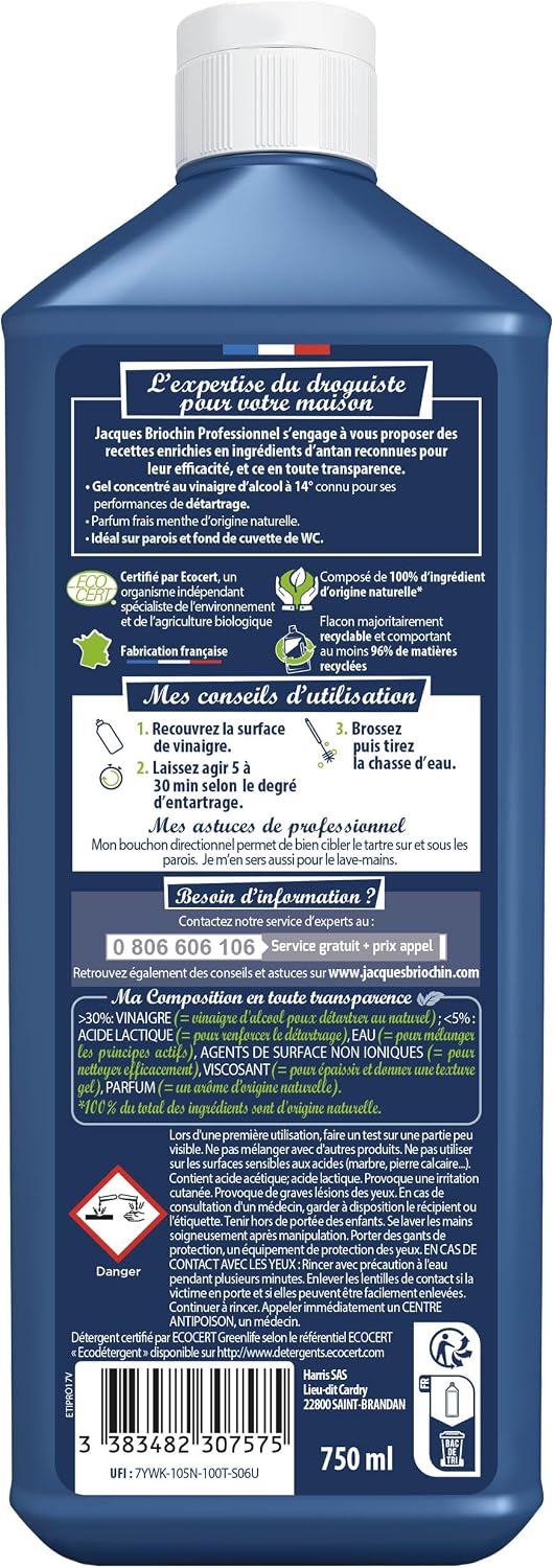 JACQUES BRIOCHIN - Détartrant gel WC - Nettoie en Profondeur et Détartre - 100% d'Ingrédients d'Origine Naturelle - Parfum Menthe - - Fabriqué En France - 750mL