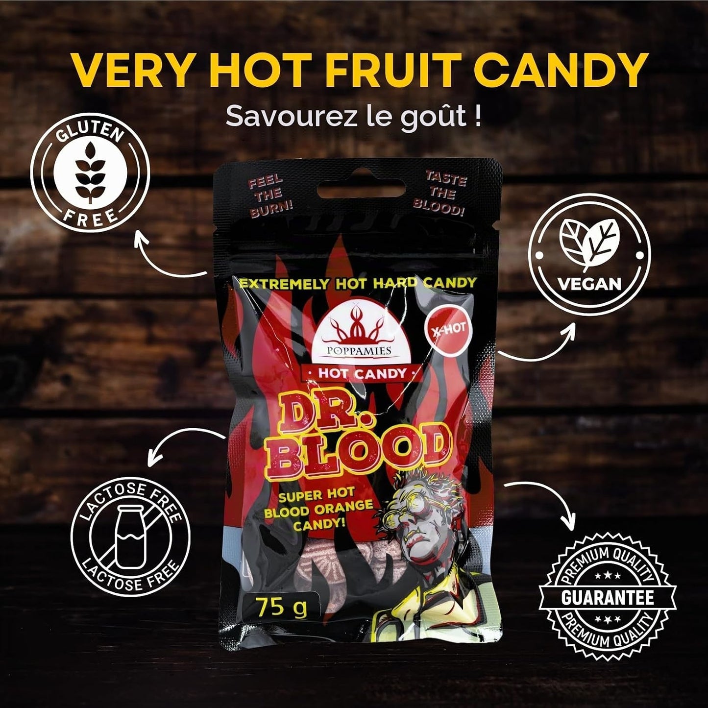 Poppamies Bonbons Épicés Dr Blood Chili Orange - Sans Lactose Sans Gluten Végan - Pas pour les enfants ni pour les farces d'Halloween - Piquant : X-HOT - Taille : 75g