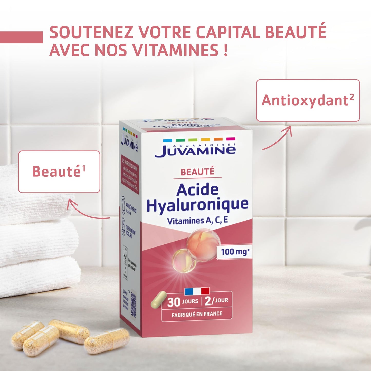 JUVAMINE Acide Hyaluronique 100mg + Vitamines A,C,E - Antioxydant - 60 Gel