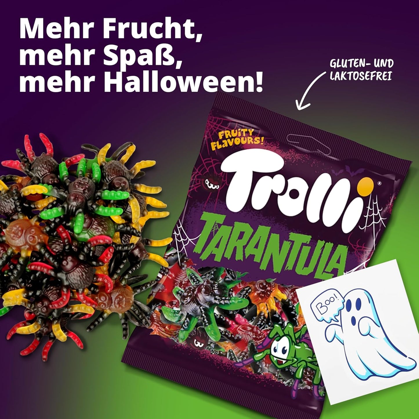 Trolli Ensemble de Tarentules en Caoutchouc de 2 Pièces 150 g Chacune Inclus Autocollants Fantômes, Sans Lactose et Sans Gluten, Bonbons à la Gelée de Fruit en Forme de Tarentule en Divers Saveurs