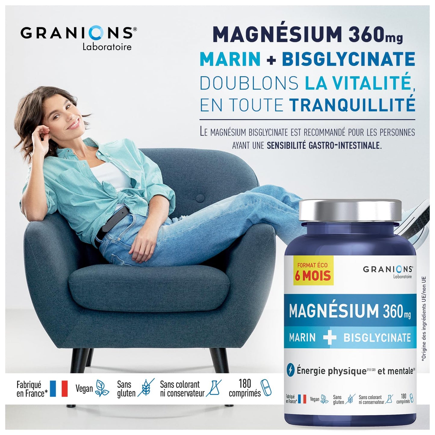 GRANIONS Magnesium Bisglycinate 360 MG - Magnesium Bisglycinate Haute Assimilation + Vitamine B6 - Anti Stress Adulte, Anti Fatigue Puissant - Sans Sucre & Vegan - 10 Shots - Goût Framboise