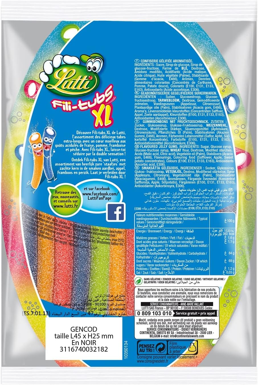 Lutti Assortiment de Bonbons Fili-Tubs XL le Paquet de 180 g
