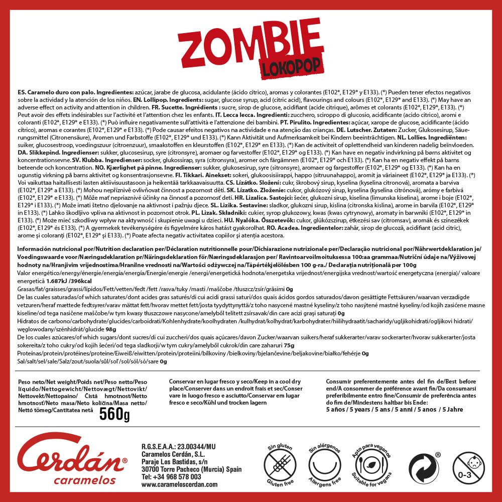 Caramelos Cerdán - Sucettes Zombie Tâche Langues | Différents Saveurs | Sans Gluten ni allergènes | Fêtes & Halloween | Pot 200 pièces
