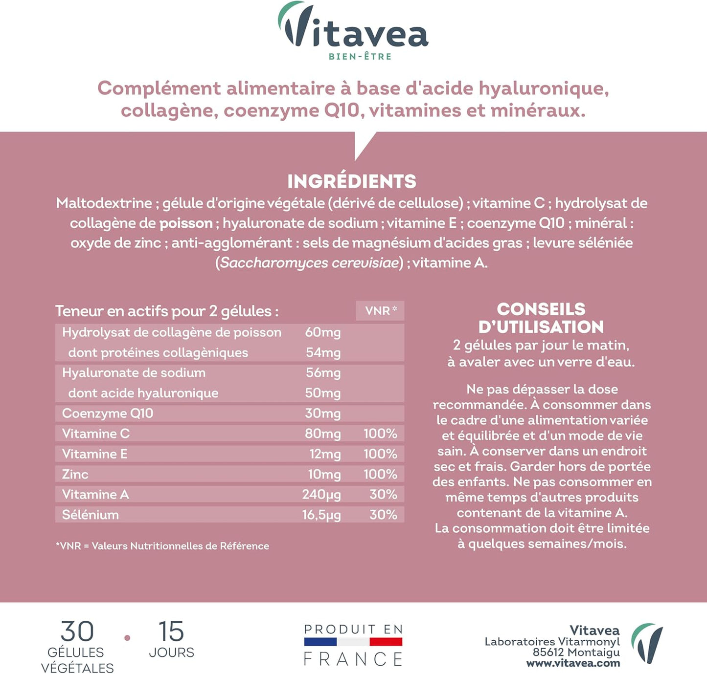 Vitavea - Antiedad/Arrugas Expert Ultra Lifting - Complemento Alimenticio Luminosidad, Firmeza - Ácido Hialurónico, Colágeno, Coenzima Q10, Zinc - 30 cápsulas - Tratamiento de 15 días - Fabricado en Francia