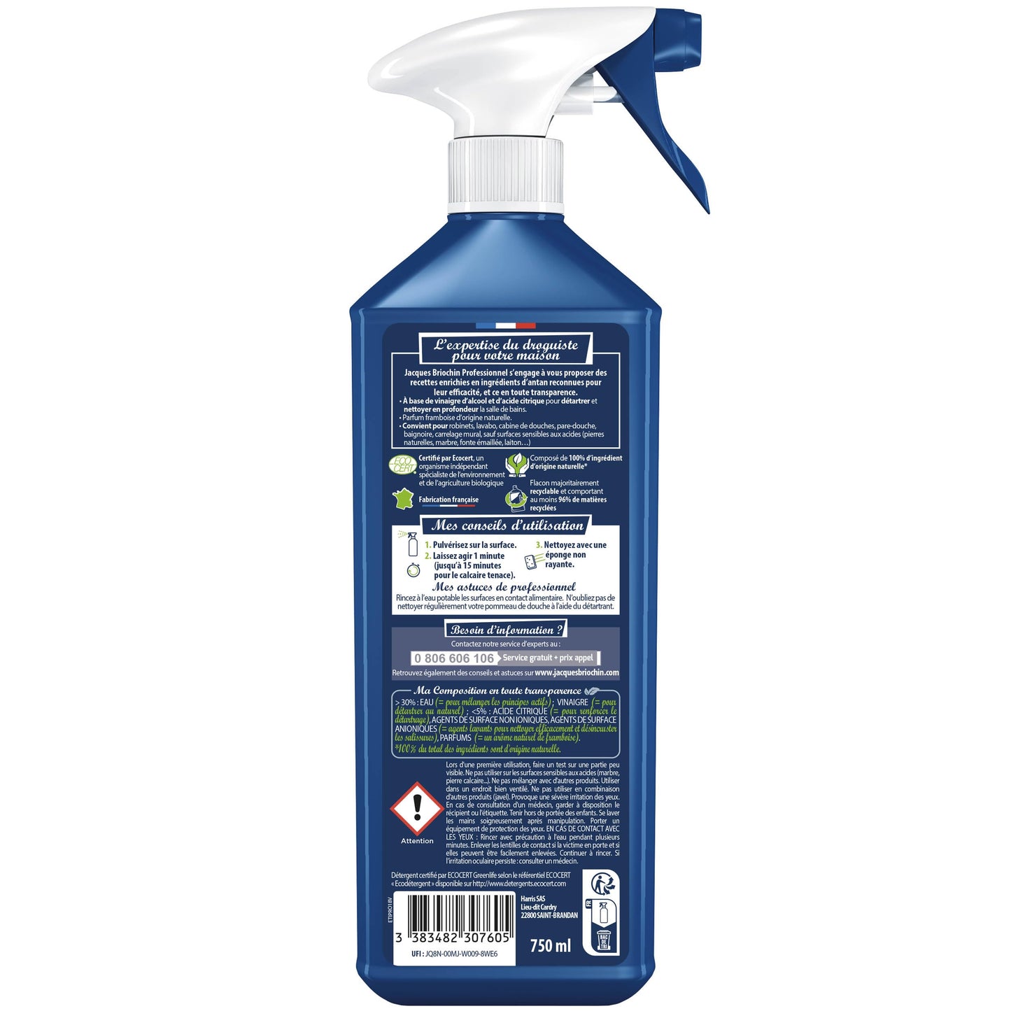 JACQUES BRIOCHIN - Détartrant gel WC - Nettoie en Profondeur et Détartre - 100% d'Ingrédients d'Origine Naturelle - Parfum Menthe - - Fabriqué En France - 750mL