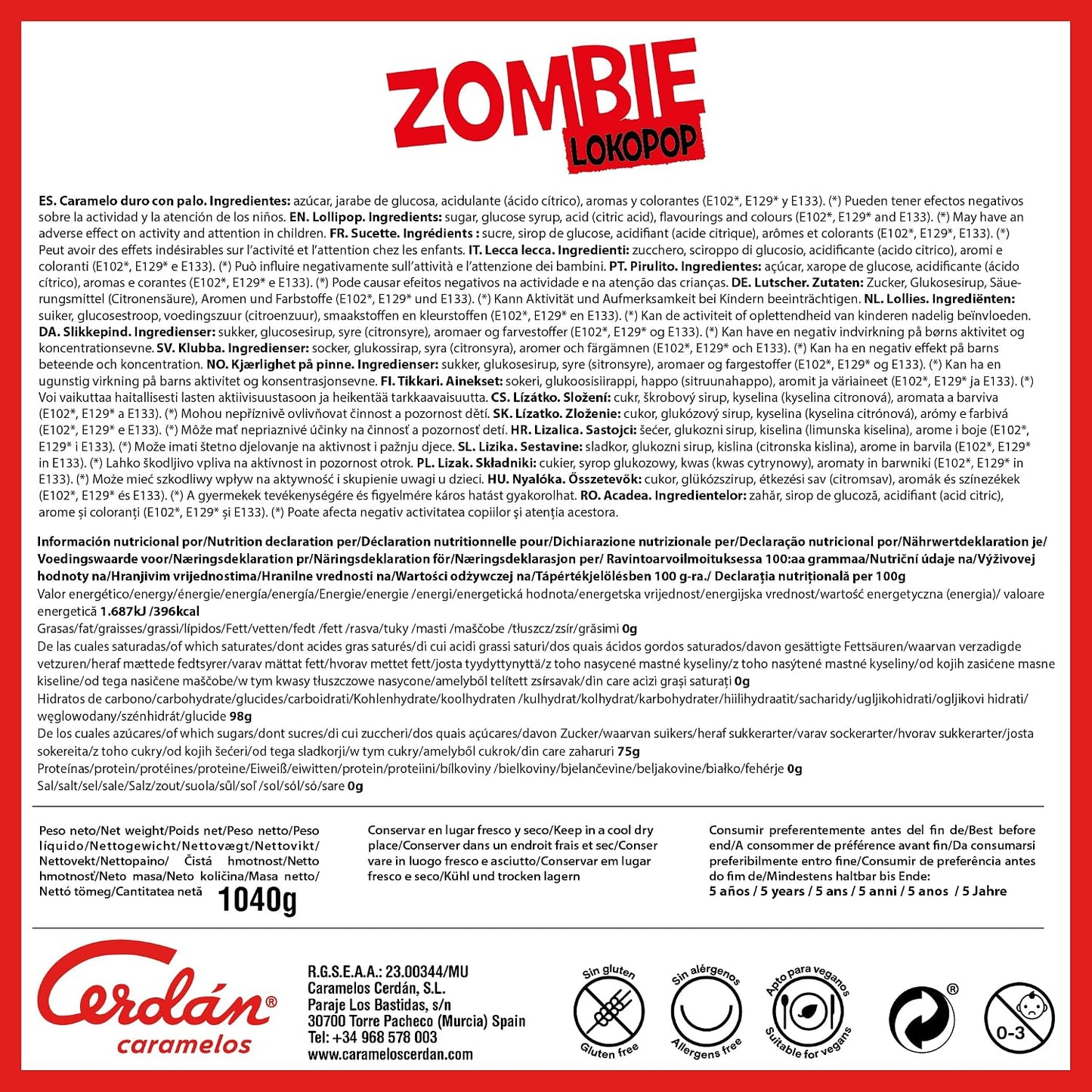 Caramelos Cerdán - Sucettes Zombie Tâche Langues | Différents Saveurs | Sans Gluten ni allergènes | Fêtes & Halloween | Pot 200 pièces