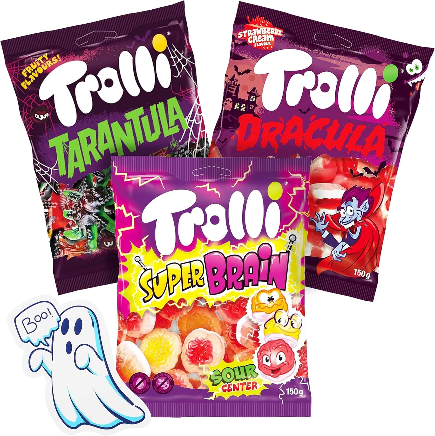 Trolli Lot de 3 bonbons – 1 Tarantula, Dracula et Super Brain de 150 g – Sans lactose et gluten, saveurs délicieuses, avec autocollants fantômes – Pour décoration d'Halloween, gâteaux et muffins