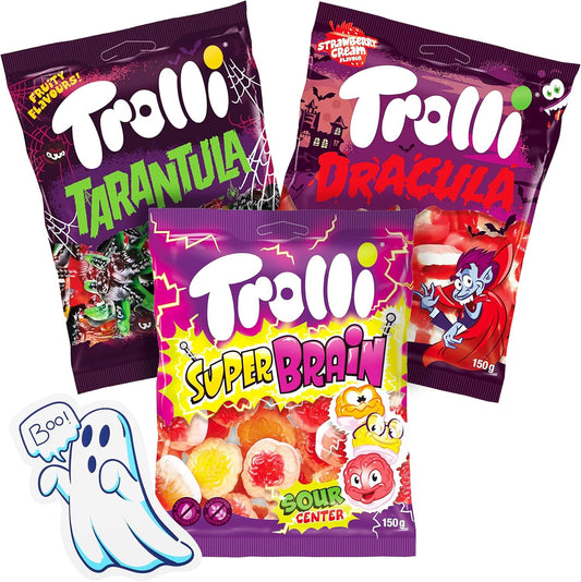 Trolli Lot de 3 bonbons – 1 Tarantula, Dracula et Super Brain de 150 g – Sans lactose et gluten, saveurs délicieuses, avec autocollants fantômes – Pour décoration d'Halloween, gâteaux et muffins