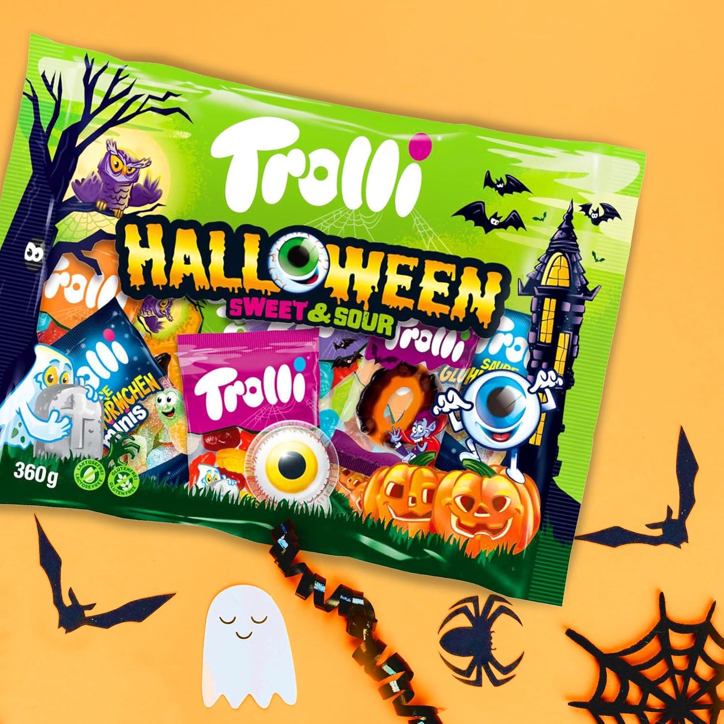 Trolli Halloween Bonbons Doux et Acidulés en sachet de 360g, mélange de bonbons avec des yeux globuleux, des vers acidulés et des Dracula