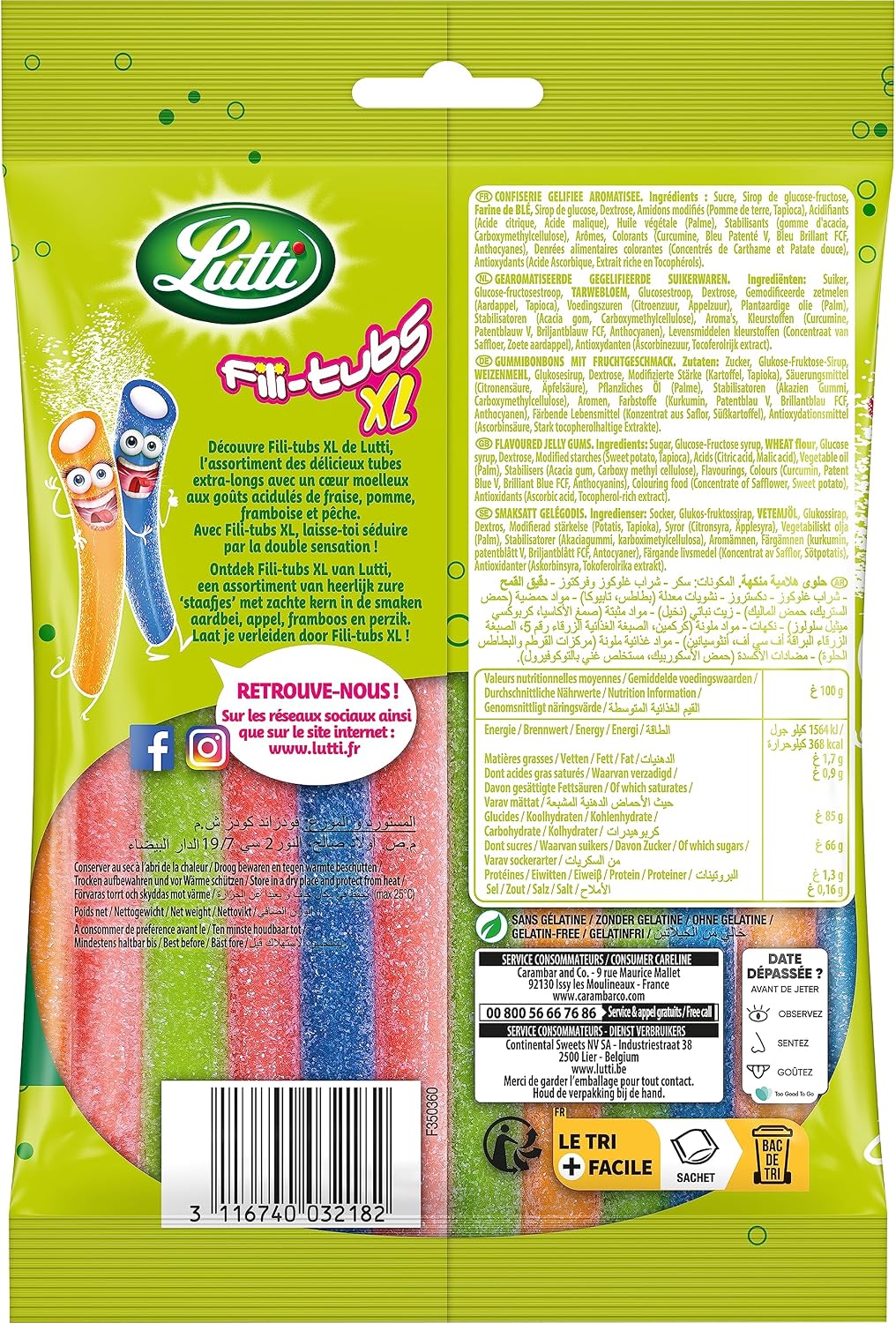 Lutti Assortiment de Bonbons Fili-Tubs XL le Paquet de 180 g