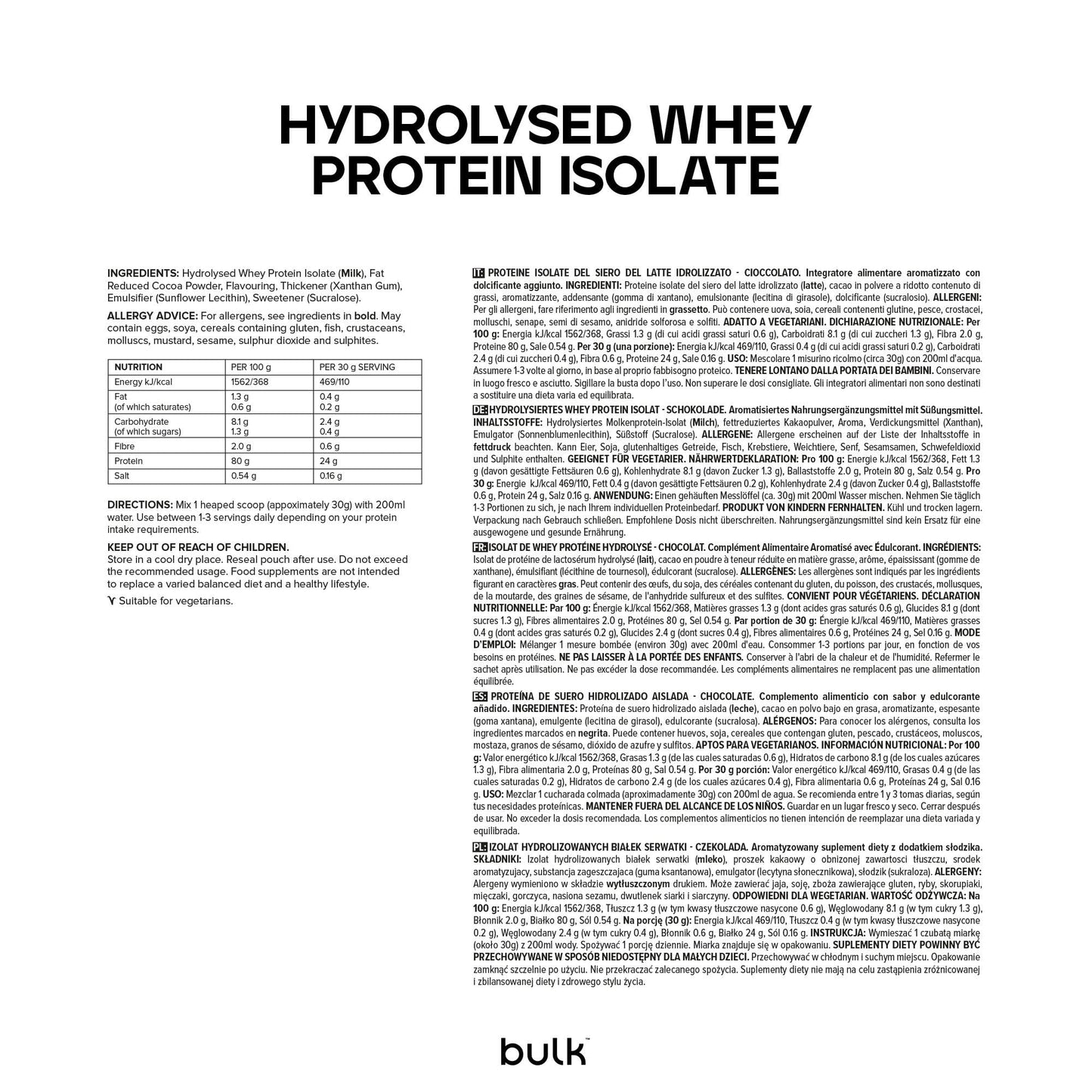 Bulk Isolat de Whey Protéine Hydrolysé, Chocolat, 500 g