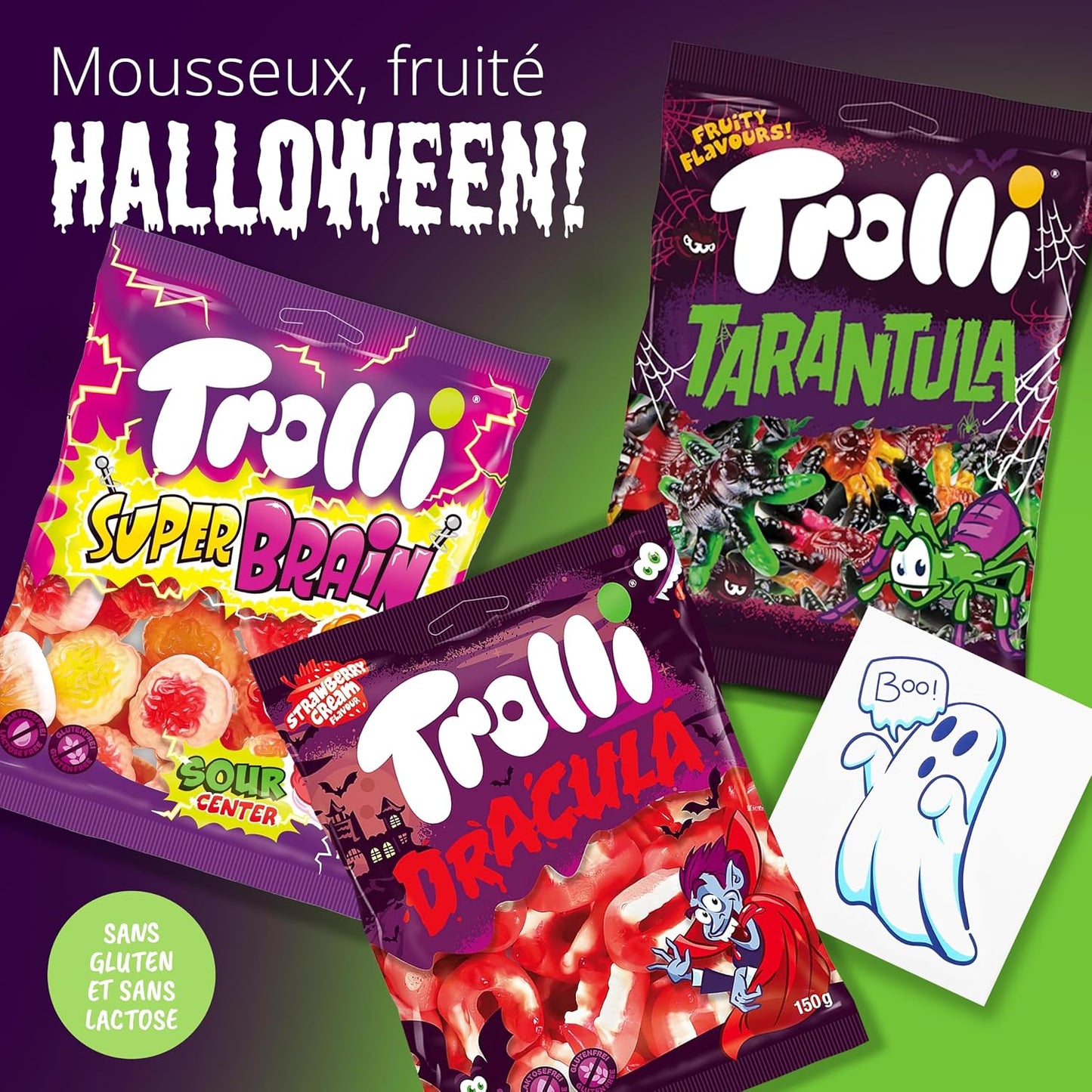 Trolli Lot de 3 bonbons – 1 Tarantula, Dracula et Super Brain de 150 g – Sans lactose et gluten, saveurs délicieuses, avec autocollants fantômes – Pour décoration d'Halloween, gâteaux et muffins