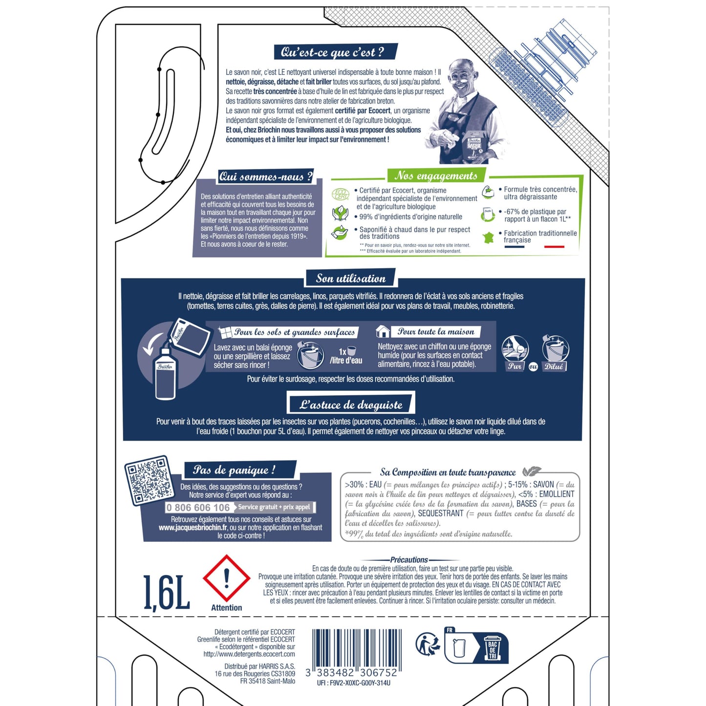 JACQUES BRIOCHIN - Savon noir prêt à l'emploi - A l'huile de lin - Nettoie, détache et fait briller - Ecocert - Fabrication Française - Flacon recyclable - Pulvérisateur 750ml