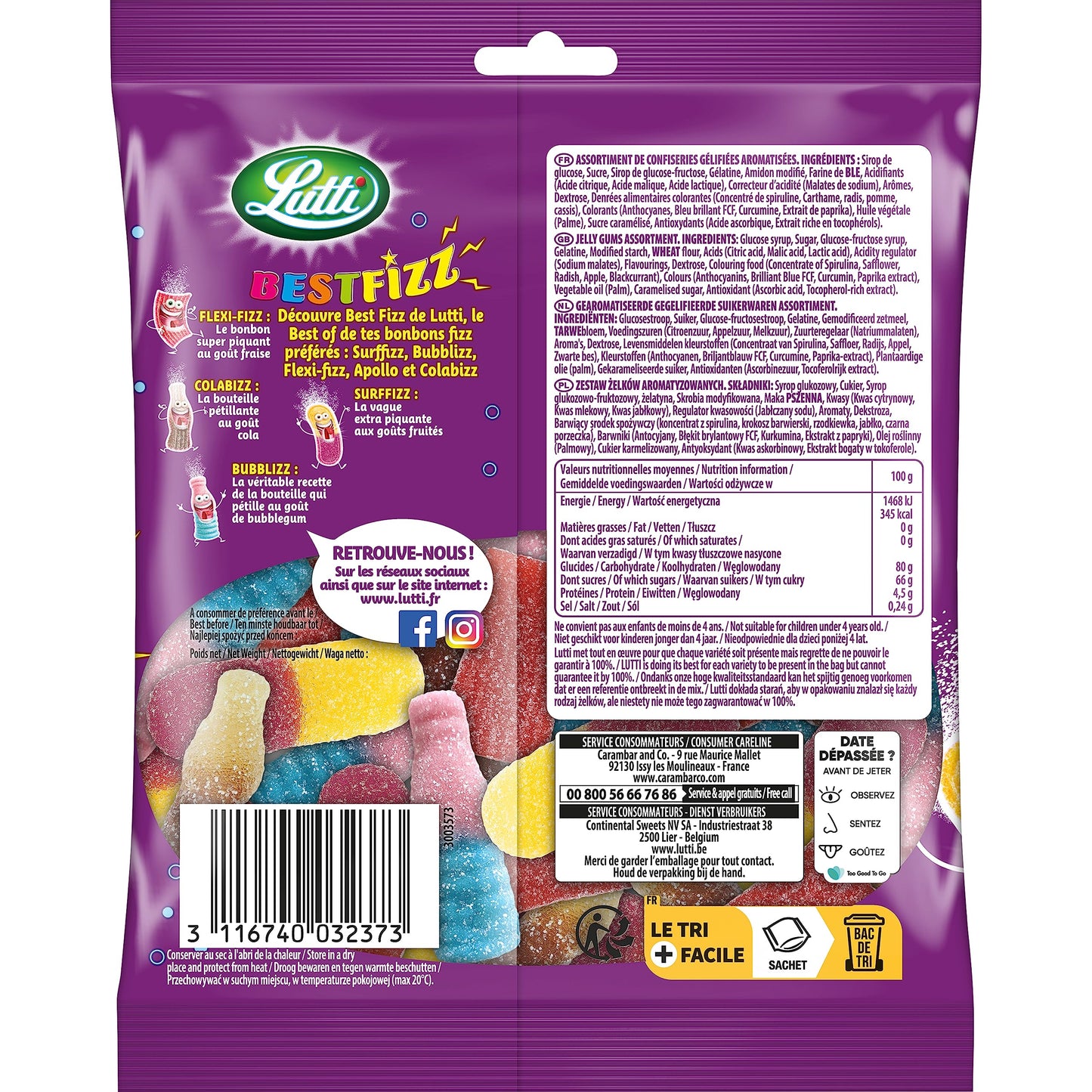 Lutti Best Fizz Bonbons Tubo 550 g (Lot de 2)