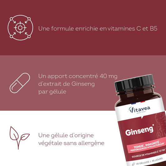 Vitavea Bien-être - Ginseng - Vitamine C & B5 Tonus & Immunité - 45 jours