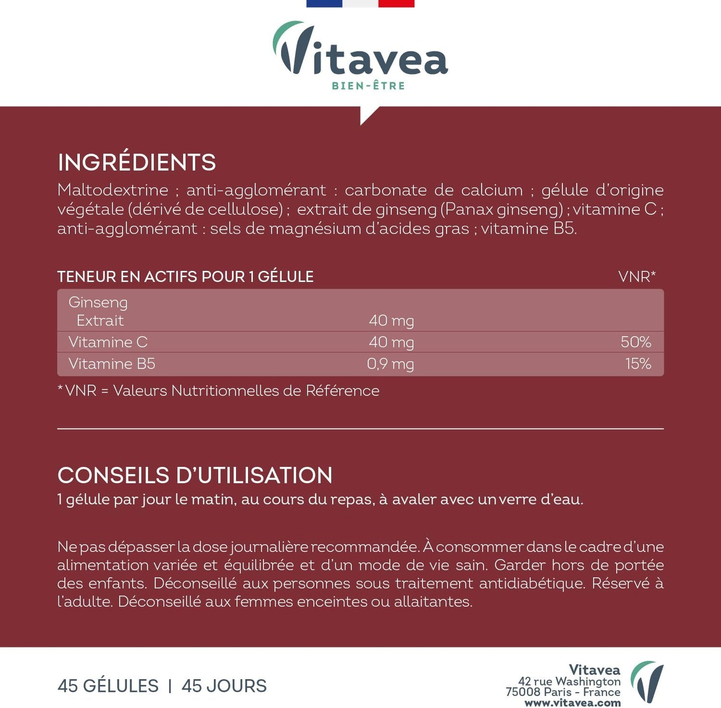 Vitavea Bienestar - Ginseng - Vitamina C y B5 Tono e Inmunidad - 45 días