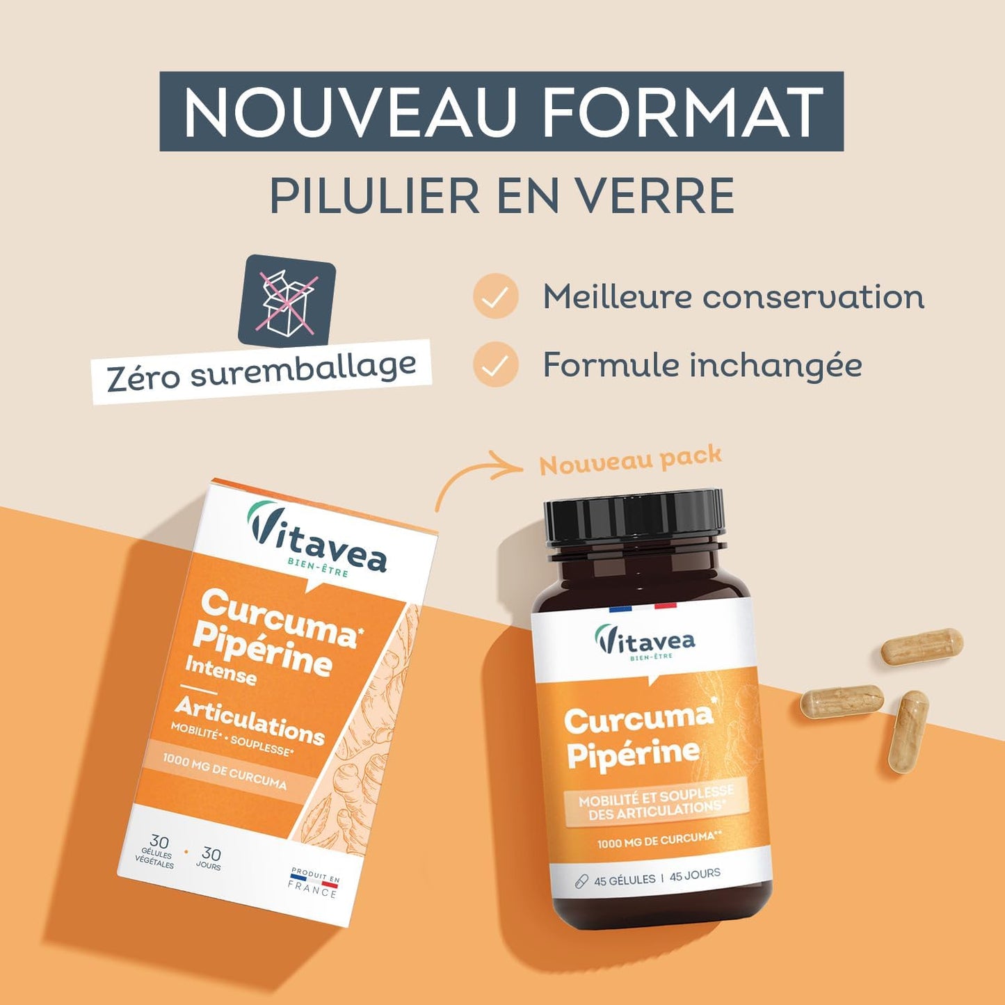 Vitavea Bien-être - Curcuma Pipérine 1000mg - Articulations - 45 gélules