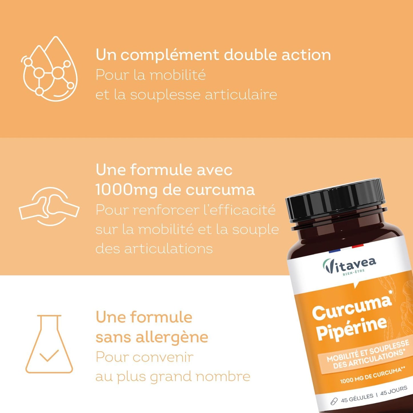 Vitavea Bien-être - Curcuma Pipérine 1000mg - Articulations - 45 gélules