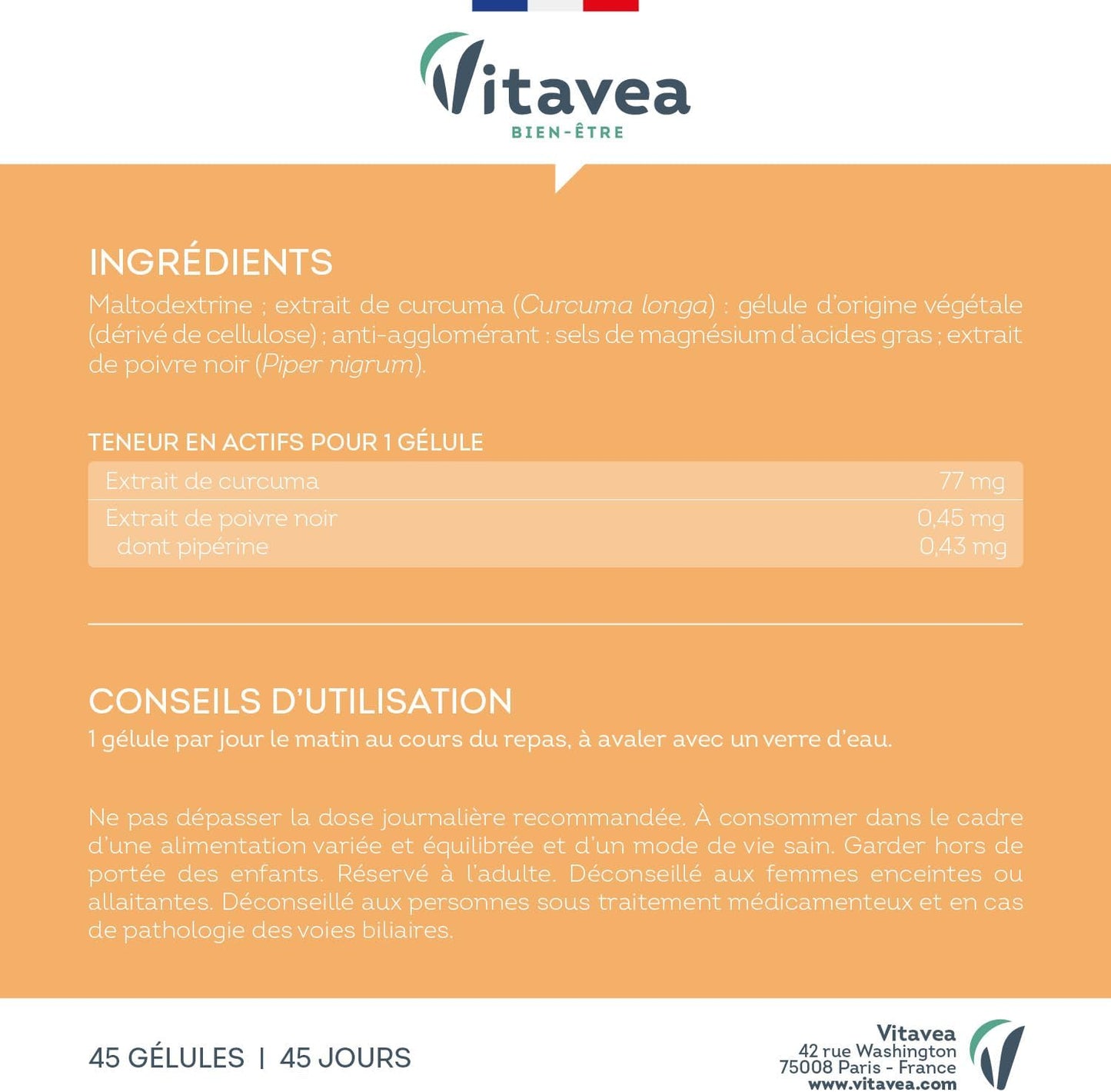 Vitavea Bien-être - Curcuma Pipérine 1000mg - Articulations - 45 gélules