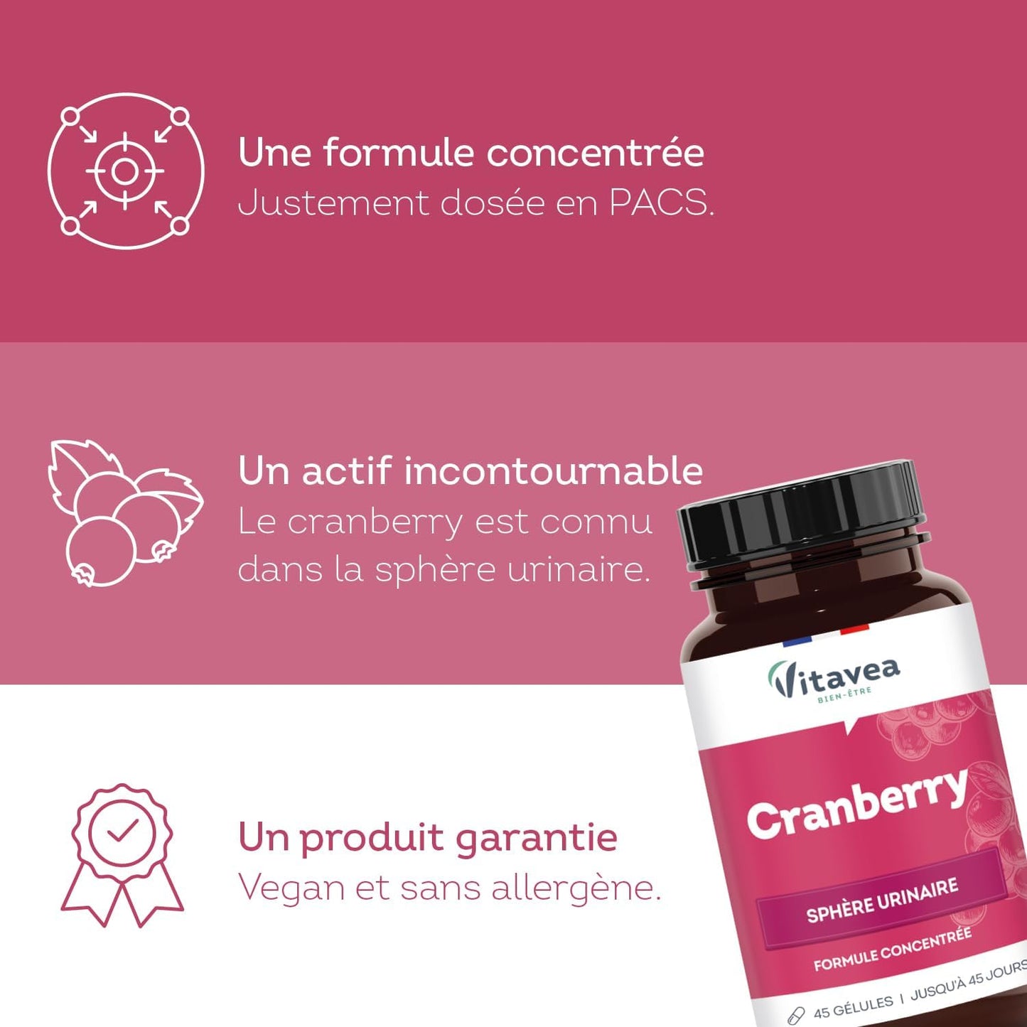 Vitavea Bien-être - Cranberry - Canneberge PACs Sphère Urinaire - 45 jours