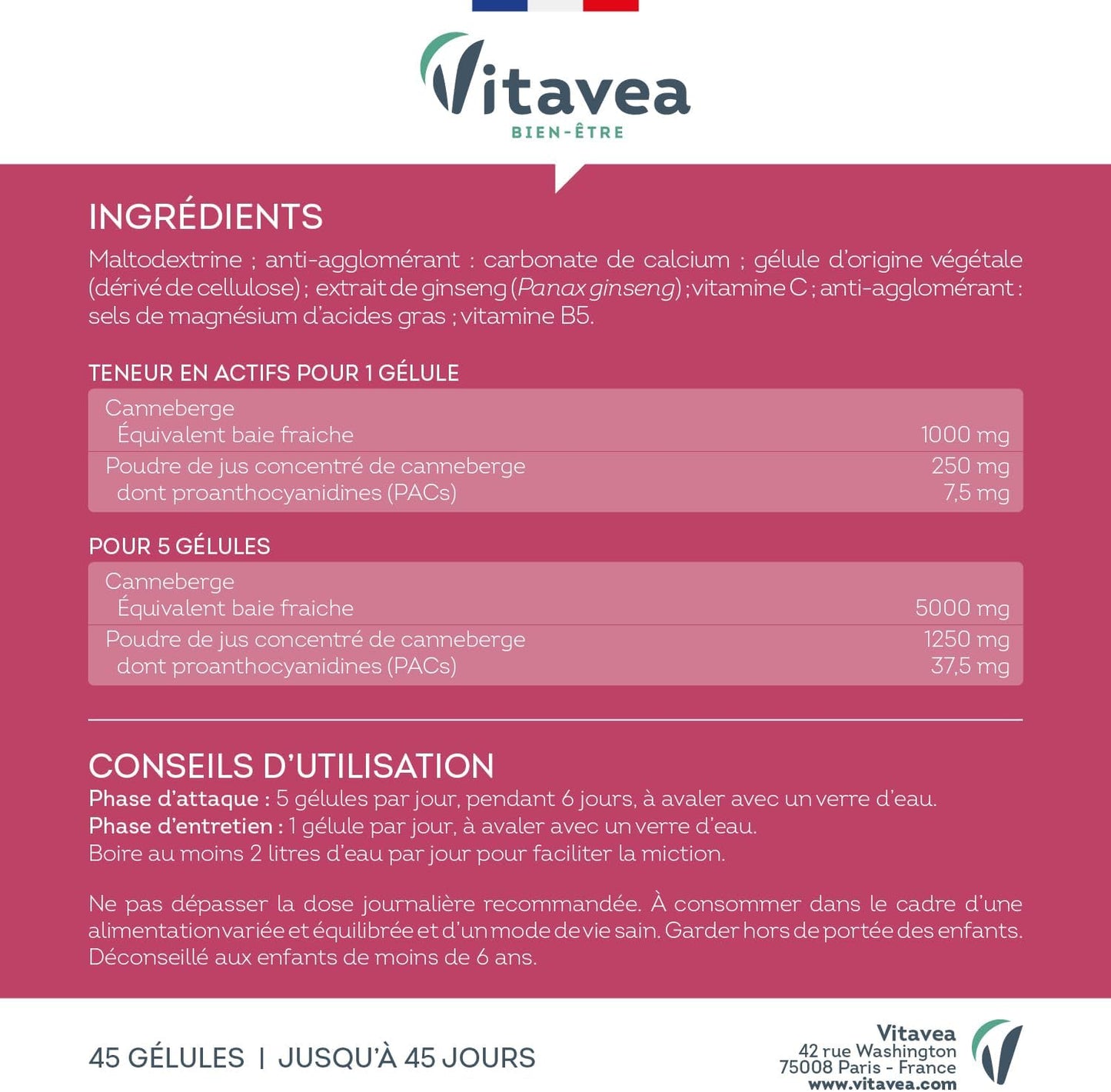 Vitavea Bien-être - Cranberry - Canneberge PACs Sphère Urinaire - 45 jours