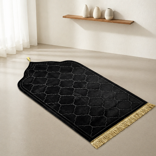 Tapis de prière musulman Portable avec pompons, pour adultes et enfants noir